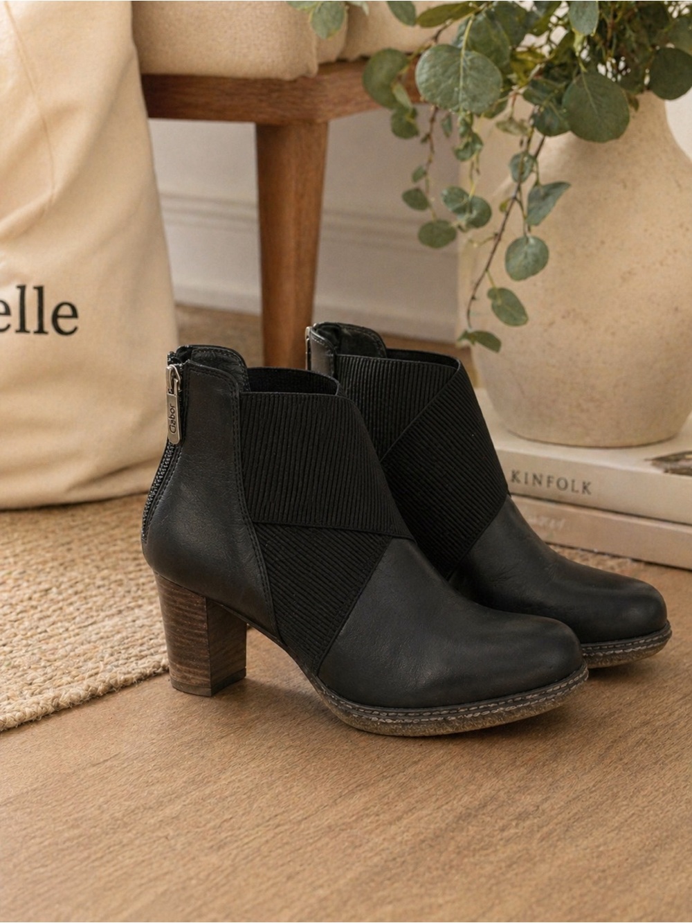 Gabor Black Leather Ankle Boots – Block Heel, Stretch Panel, Size 8
